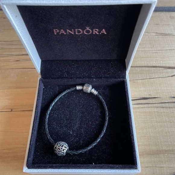 Pandora Jewelry - Pandora Single Black Leather Charm Bracelet w/Charm in box